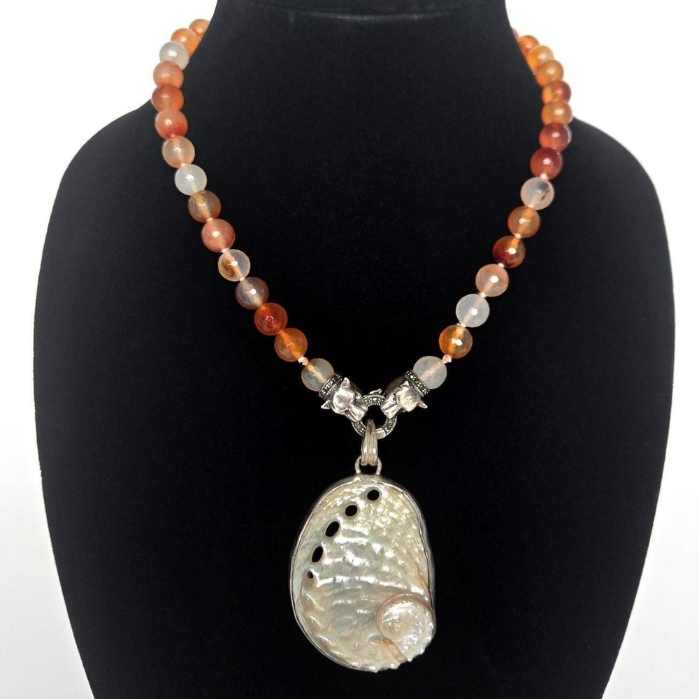 Sterling Silver 925 Lion Panther Marcasite Mother of Pearl Necklace Chunky Beads